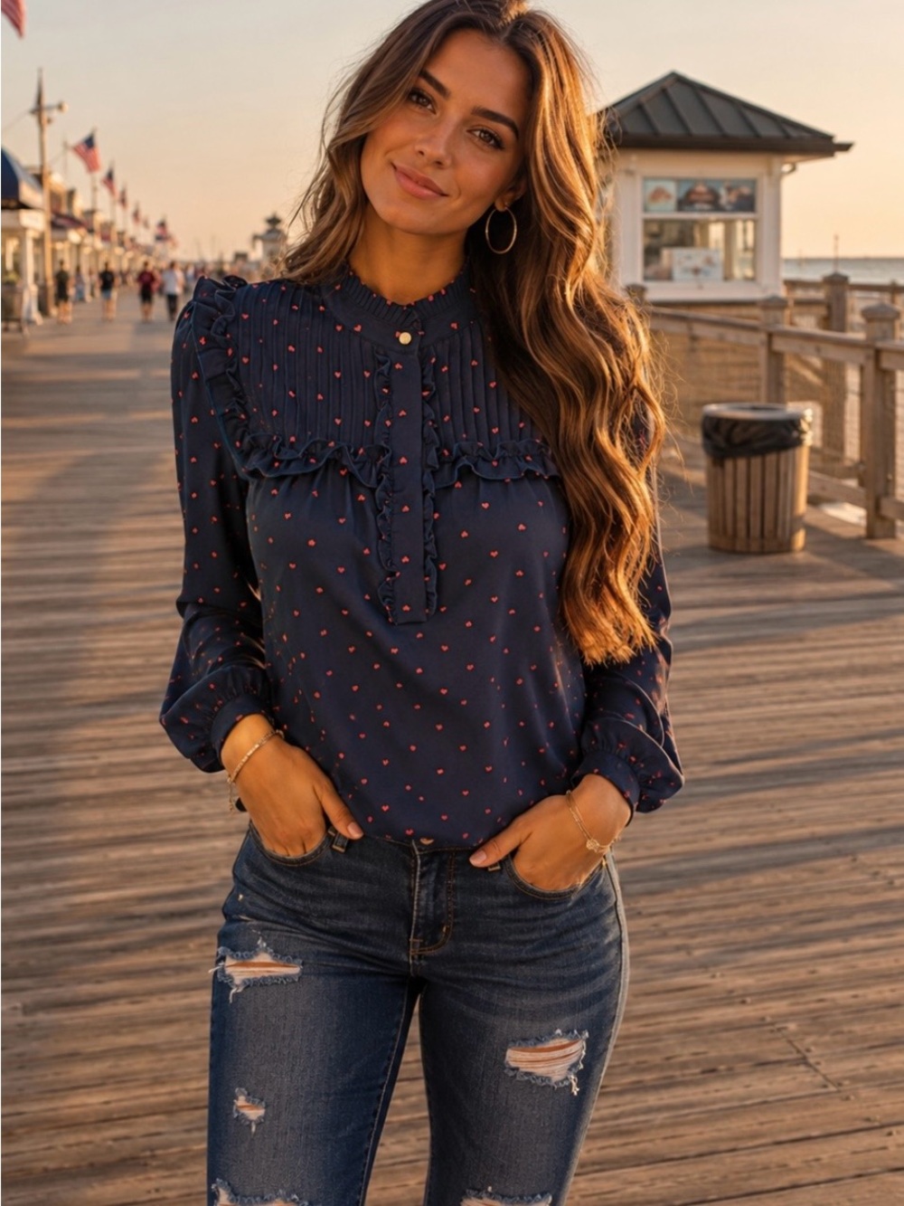 J. Crew Navy Ruffle Yoke Blouse with Pink hearts XS
